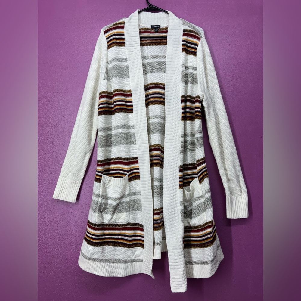 Striped Open-Front Cardigan Sweater - White and Gray